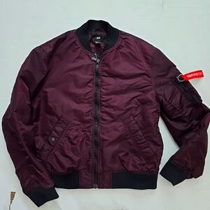 H&M Mens Burgundy Full Zip Bomber Jacket Medium Marroon